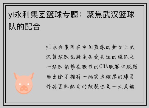 yl永利集团篮球专题：聚焦武汉篮球队的配合