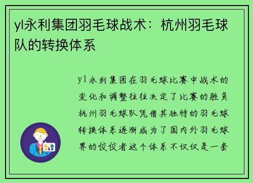 yl永利集团羽毛球战术：杭州羽毛球队的转换体系