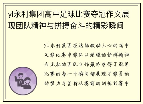 yl永利集团高中足球比赛夺冠作文展现团队精神与拼搏奋斗的精彩瞬间