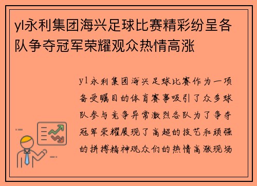 yl永利集团海兴足球比赛精彩纷呈各队争夺冠军荣耀观众热情高涨