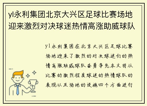 yl永利集团北京大兴区足球比赛场地迎来激烈对决球迷热情高涨助威球队奋勇争先